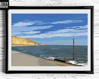 West Bay / Dorset / Impresión vectorial / Impresión de arte digital / Impresión de arte A4 / Costa / Costa / Acantilados / Mar / Betty Creative