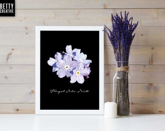 Nomeolvides / Negro / Púrpura / Blanco / Impresión de arte A4 / Arte digital / Arte / Estampado floral / Decoración de pared / Decoración del hogar / Betty Creative