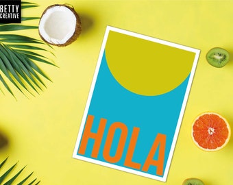 Hola / A4 impresión de arte digital / Tipográfico / Amarillo / Azul / Naranja / Decoración de pared / Decoración del hogar / Arte / Betty Creative