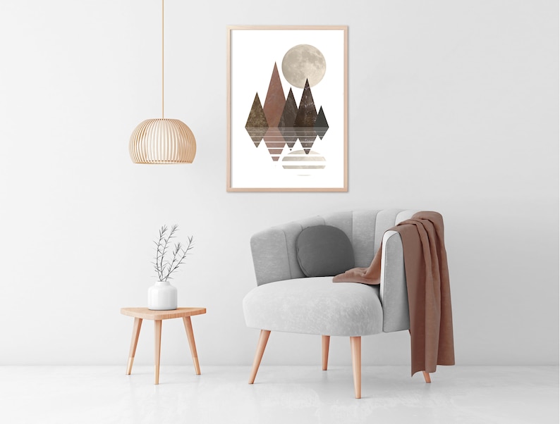 Trendy Aesthetic Abstract Scandinavian Style Wall Art of Mountains at a lake with the moon in brown Nordic Wall Art of Geometric Mountains