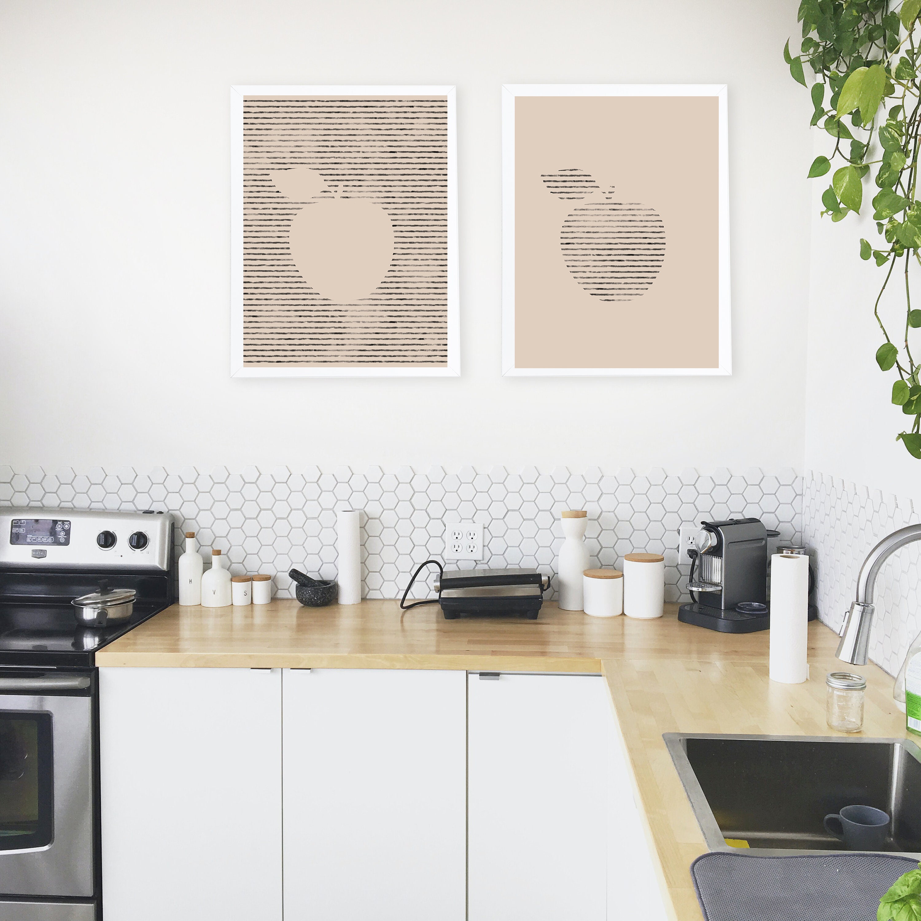 Kitchen Art Modern Art Set of 2 Apples Minimal Line Art | Etsy