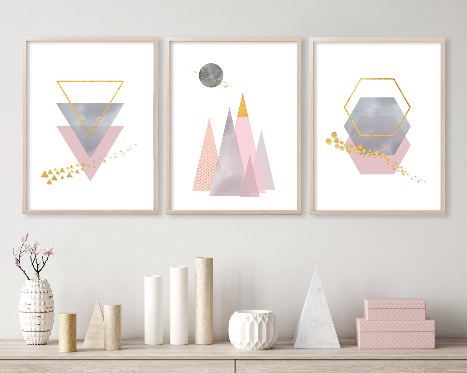 Glam Wall Art Printable 3 piece Wall Art in Pink Grey and Etsy