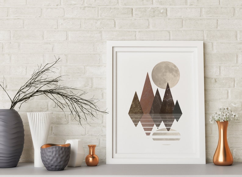 Trendy Aesthetic Abstract Scandinavian Style Wall Art of Mountains at a lake with the moon in brown Nordic Wall Art of Geometric Mountains