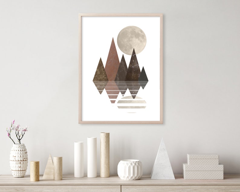 Trendy Aesthetic Abstract Scandinavian Style Wall Art of Mountains at a lake with the moon in brown Nordic Wall Art of Geometric Mountains