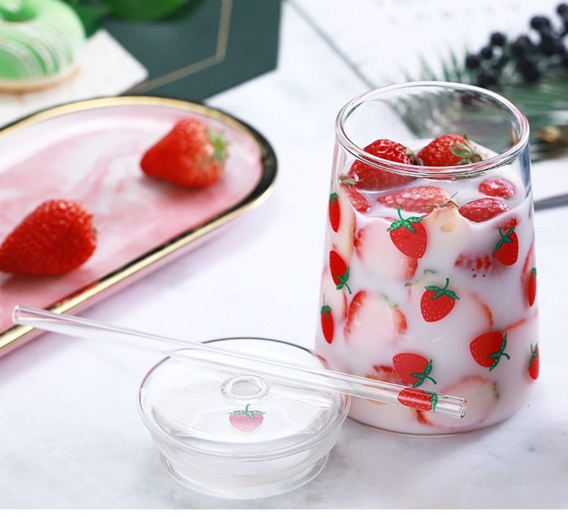 Strawberry Glass Cup with Lid and Straw Etsy