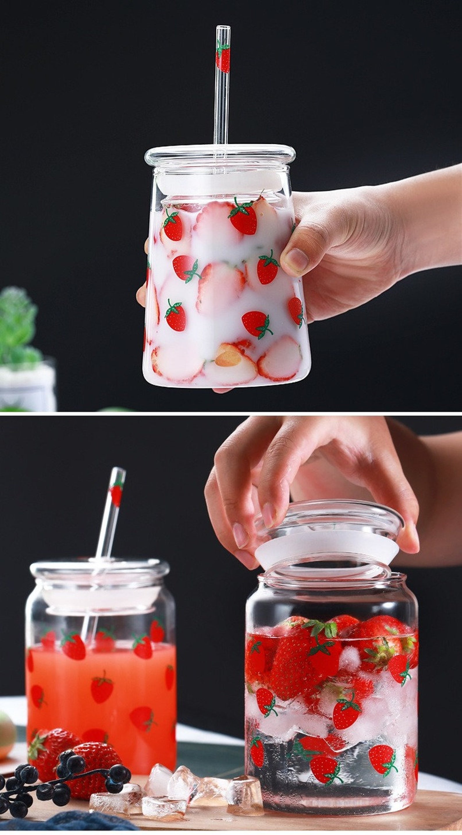 Strawberry Glass Cup with Lid and Straw Etsy