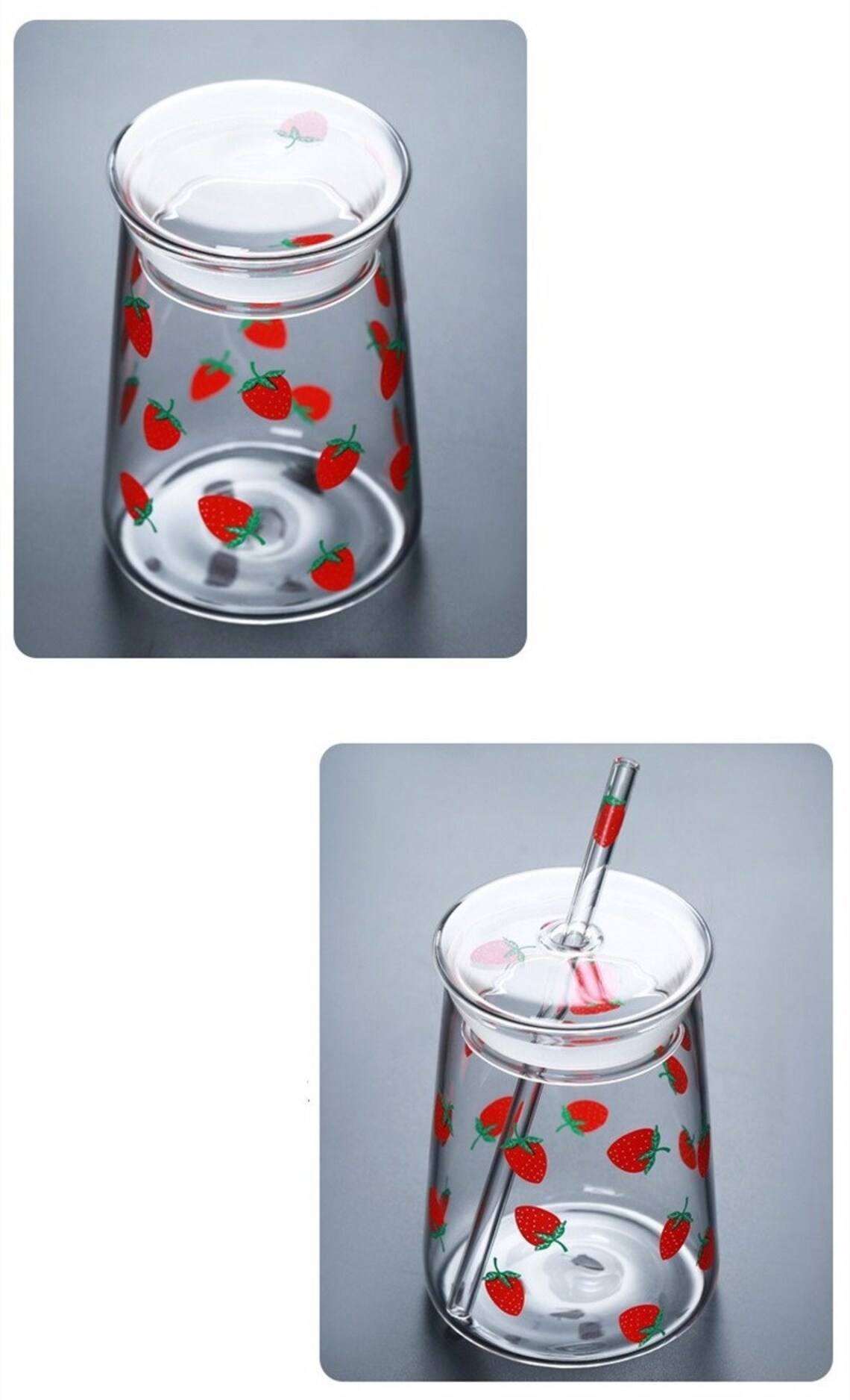 Strawberry Glass Cup with Lid and Straw Etsy