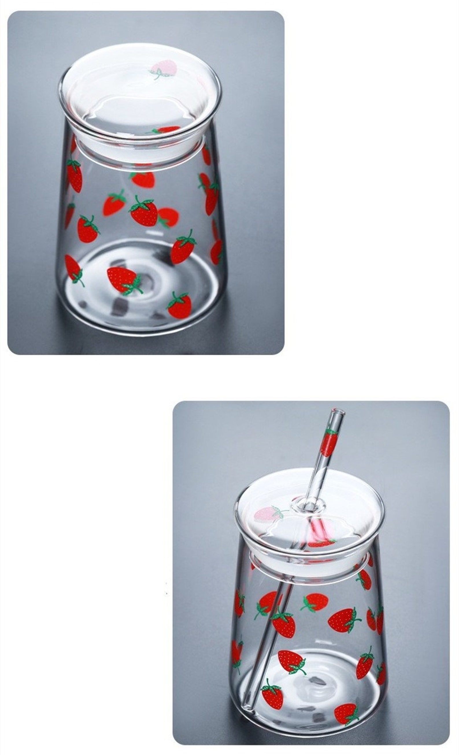 Strawberry Glass Cup with Lid and Straw Etsy