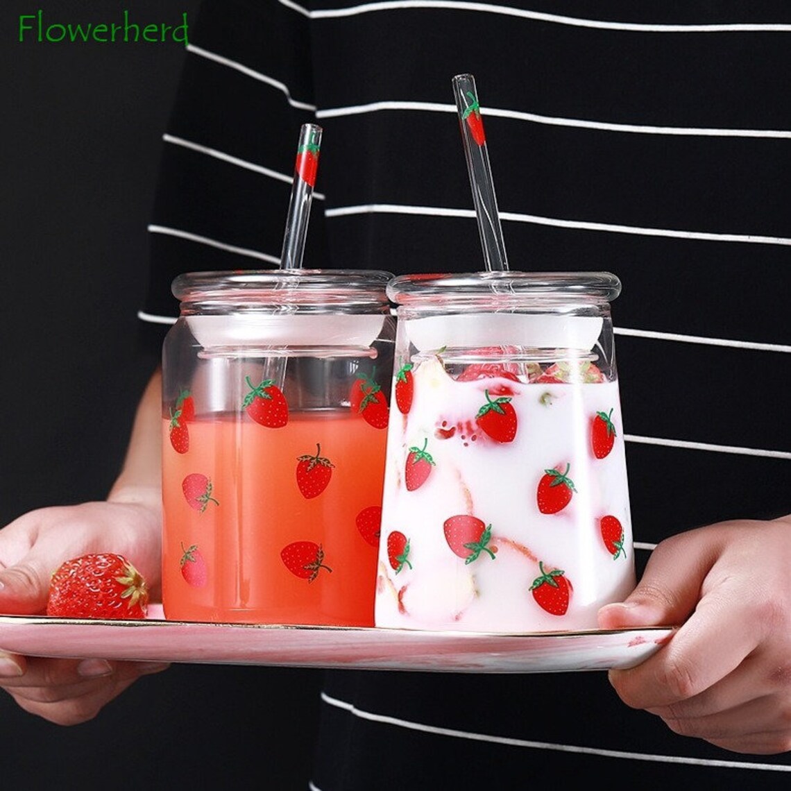 Strawberry Glass Cup with Lid and Straw Etsy