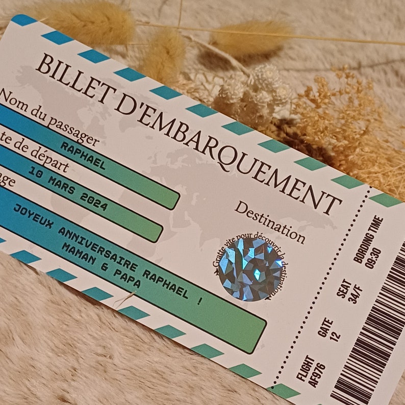 Carte embarquement à gratter - billet d'avion personnalisé - voyage surprise - vacances - weekend - carte à gratter - ticket dégradé bleu/vert
