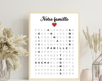 Affiche famille personnalisée Scrabble ~ décorative prénoms mots mêlés ~ affiche famille ~ pèle mêle ~ famille recomposée