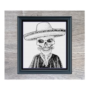 May include: Black and white illustration of a skeleton wearing a sombrero. The image is framed and has the text "Sombrero Skeleton" below it.