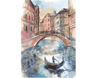 Venice Canal Painting Cross Stitch Pattern: Europe City Illustration (Pattern Keeper Ready) (Digital Download)
