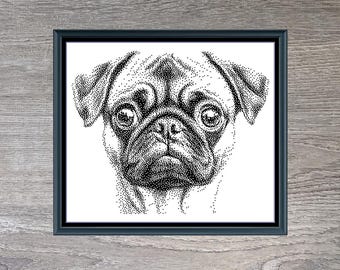 Pug Dog Breed Monochrome Counted Cross-Stitch Pattern (Digital Download)