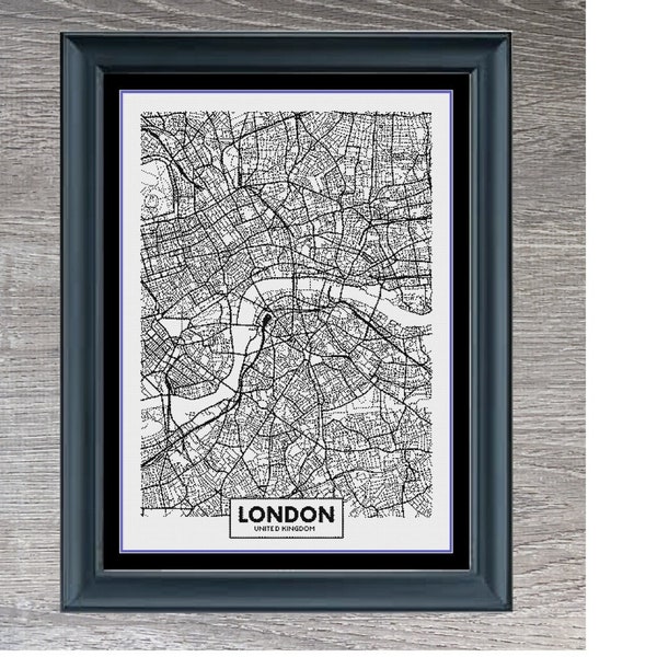 London Stadt Karte UK Monochrom Schwarz Weiß Kreuzstich Muster PDF Digital Download Pattern keeper Ready