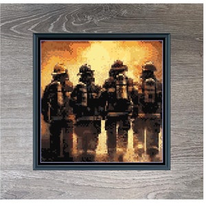 May include: Cross-stitch pattern featuring four firefighters in uniform, standing in front of a fiery orange background. The pattern is titled "Firefighters" and is 95 stitches wide by 95 stitches tall, using 19 DMC colors.