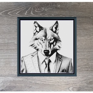 May include: Black and white cross-stitch pattern of a wolf wearing a suit and tie. The pattern is titled "Dapper Wolf" and measures 235 stitches by 235 stitches.