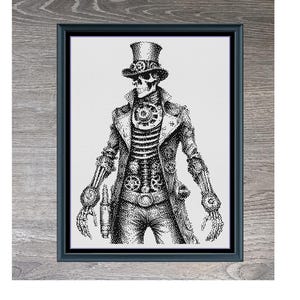 Könnte beinhalten: Schwarz-weiße, gerahmte Illustration eines Steampunk-Skeletts. Das Skelett trägt einen Zylinder, einen Mantel und Accessoires mit Zahnradmotiven. Der Text "Steampunk Skeleton" steht darunter, mit den Maßen 209 x 288.