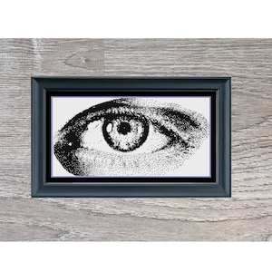 以下が含まれることがあります： 木目調の背景に、黒い額縁に入った、白黒のクロスステッチ模様の単眼が描かれています。画像の下には「Monochrome Eye」というタイトルが書かれています。