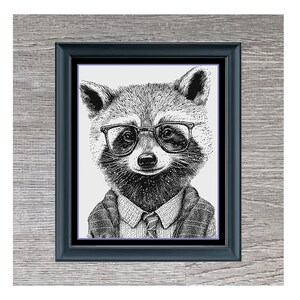 May include: Black and white illustration of a raccoon wearing a suit, tie, and glasses. The image is framed and has the text "Suited Raccoon" and "240 x 300" below it.