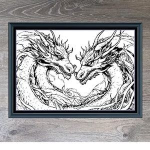 May include: Black and white line art illustration of two dragons facing each other, with the text "Dueling Dragons" and "336 x 228" below the image.