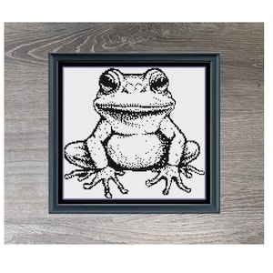 May include: Black and white cross-stitch art of a frog in a black frame. The artwork is titled "Frog" and measures 126 x 117. The artist's name, "Stitching Jules Design", is at the top of the image.