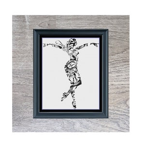 Könnte beinhalten: Schwarz-weiß-Linienkunst-Illustration einer tanzenden Frau in einem Rahmen. Das Kunstwerk trägt den Titel "Dancing Lady".