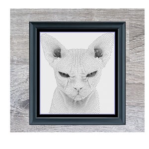 Puede incluir: Una ilustración en blanco y negro de un gato Manx en un marco negro. La imagen se titula "Manx Cat Portrait" y es de Stitching Jules Design.