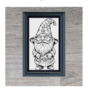 May include: Black and white cross-stitch pattern of a grumpy gnome wearing a pointed hat with a floral design. The pattern is framed and the text "Grumpy Gnome" and "151 x 270" is below the frame.