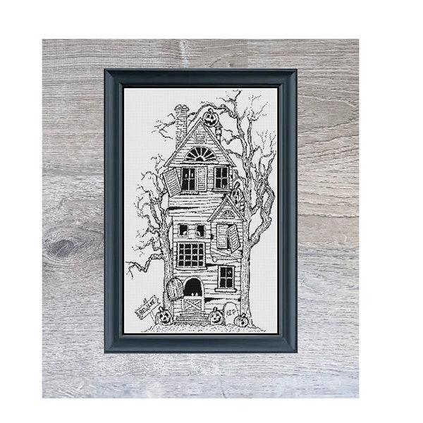 Haunted House Premium Monochrome Counted Cross-Stitch Pattern | Halloween Cross Stitch Pattern | Blackwork | Instant PDF Download