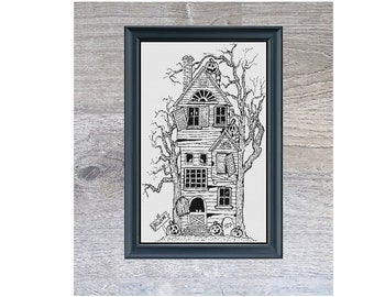 Casa Assombrada Monocromática Halloween Assustadora - Padrão de Bordado em Ponto Cruz - Download Instantâneo em PDF