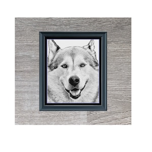 May include: Black and white illustration of a Siberian Husky dog's face in a black frame on a woodgrain background. The text "Siberian Husky" is below the image and "Stitching Jules Design" is below the text.
