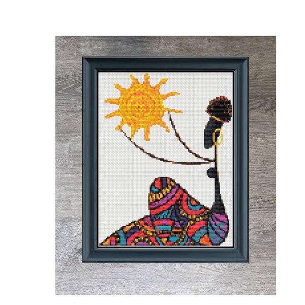 Sun Worshipper African-American Culture Cross Stitch Embroidery Needlepoint Pattern PDF Download