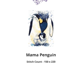 Mama Penguin Watercolor Cross Stitch Pattern: Wildlife Embroidery (PDF Download)