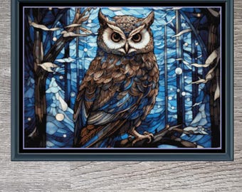 ステンドグラスのフクロウのクロスステッチパターン：カラフルな鳥の