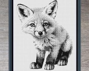Medium Baby Fox Animal Wildlife Monochrome Blackwork Counted Cross Stitch Pattern | Instant Download PDF