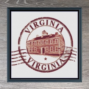 May include: Cross-stitch pattern of a vintage-style stamp with the word "VIRGINIA" in red lettering and a building illustration. The pattern is 149 stitches wide by 126 stitches tall and uses 10 DMC colors.