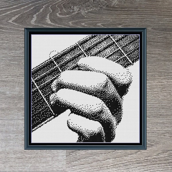 Guitar Playing Music Medium Monochrome Counted Cross-Stitch Pattern | Instant Download PDF