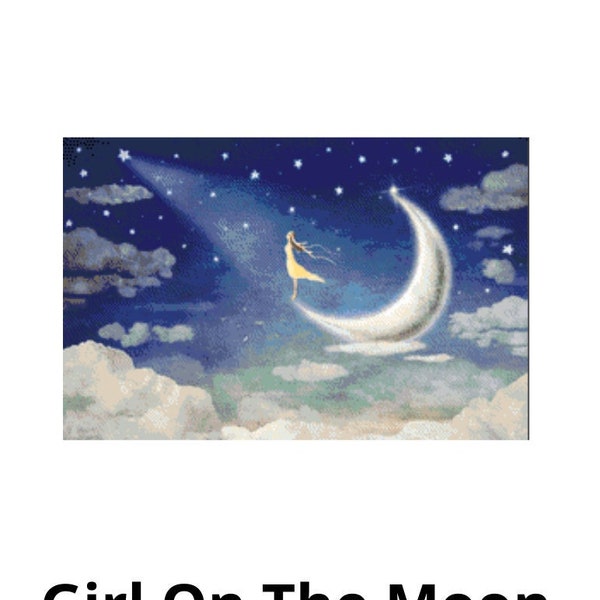 Girl On The Moon Lunar Fantasy Cross Stitch Embroidery Needlepoint Pattern Instant PDF Download