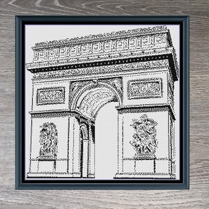 May include: Black and white cross-stitch pattern of the Arc de Triomphe in Paris, France. The pattern is 235 stitches wide by 236 stitches high. The title "Champs-Elysees" is printed below the pattern.