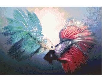 Betta Fish Pair Cross Stitch Pattern, Aquarium Samurai (PDF Pattern)
