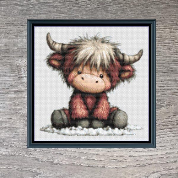 Patrón de punto de cruz de vaca bebé de las Tierras Altas, fácil para principiantes (descarga digital)