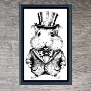 Könnte beinhalten: Schwarzweißes Kreuzstichmuster einer Maus, die einen Zylinder und einen Anzug trägt, mit dem Text "Patriotic Mouse" und "186 x 307, 1 DMC Color" unter dem Bild.