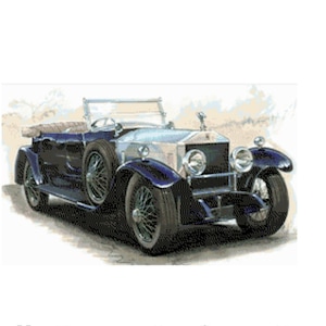 May include: A cross-stitch pattern of a vintage Rolls Royce car in blue and silver. The pattern includes the text "Rolls Royce Antique Car" and "Stitch Count - 260 x 160". The pattern also includes fabric size recommendations for 14, 18, and 25 count fabric.
