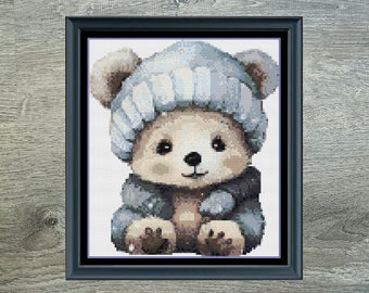 Mini Winter Teddy Bear Counted Cross Stitch Pattern | Instant Download PDF