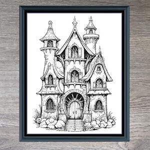 May include: A black and white framed illustration of a fantasy house, featuring multiple turrets, windows, and an arched doorway. The text "Fantasy House" is below the image, with dimensions of 263 x 362. The top of the frame has the text "Stitching Jules Design".