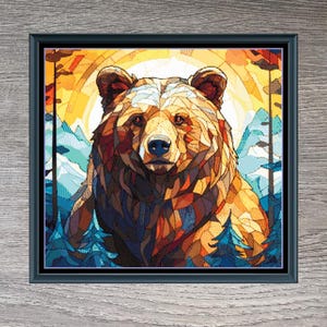 Bear Animal Wildlife Stained Glass Outdoors Mountains Landscape Full Coverage Counted Cross Stitch Pattern Digital Download