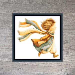 May include: Framed artwork with a watercolour illustration of a child running, with a flowing scarf. The artwork is titled "On The Run" and is set against a wood-grain background. The dimensions are 180 x 170 mm.