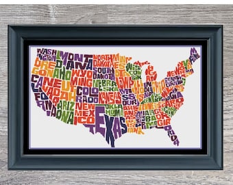 Padrão de ponto cruz do mapa dos EUA: Estados coloridos (download instantâneo em PDF)