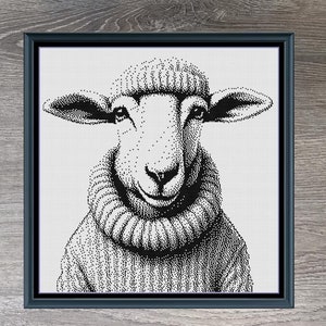 May include: Black and white cross-stitch pattern of a goat wearing a sweater. The pattern is titled "Goat In A Sweater" and is 230 stitches wide by 230 stitches tall.